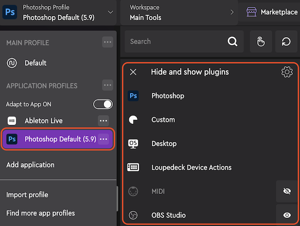 Plugins those need application (Loupedeck)